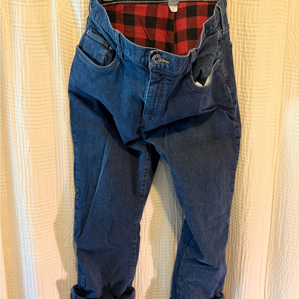 Eddie Bauer Relaxed Blue Jeans with Red Plaid Interior
